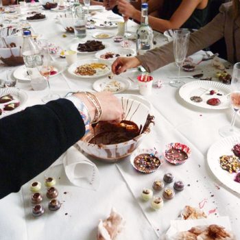 Table full of chocolatey things at a chocolate masterclass